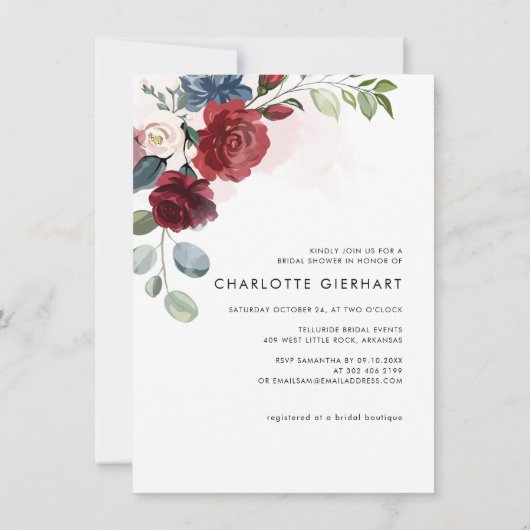 Burgund Blumengrün Brautparty Einladung (Rückseite)