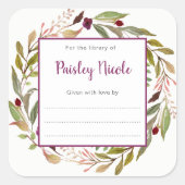 Burgund Blumengrün Buchzeichen Quadratischer Aufkleber (Vorderseite)