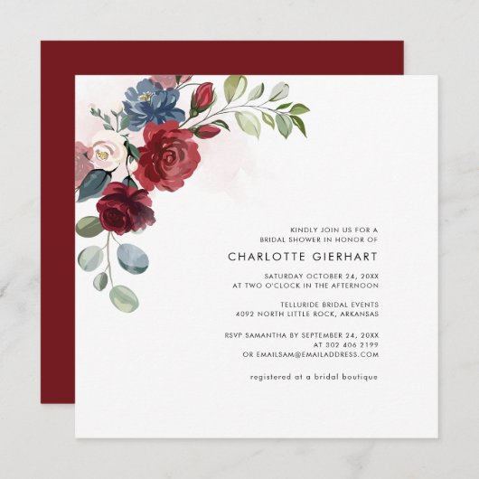 Burgund Blumengrün Foliage Brautparty Einladung (Vorne/Hinten)