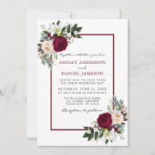 Burgund Blumengrün Gerahmtes Foto Hochzeit Einladung (Vorderseite)