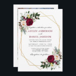 Burgund Blumengrün Gold Frame Foto Hochzeit Einladung<br><div class="desc">Moderne elegante Watercolor Burgundy Marsala Blumengrün,  goldene geometrische Rahmen,  Einladung Hochzeitsfeiern umfasst Pfannkuchen,  Eukalyptus-Blätter und andere schöne Grünflächen. Burgund und schwarzer Text. Foto zurück.</div>