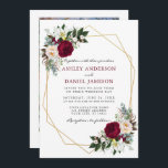 Burgund Blumengrün Gold Frame Foto Hochzeit Einladung<br><div class="desc">Moderne elegante Watercolor Burgundy Marsala Blumengrün,  goldene geometrische Rahmen,  Einladung Hochzeitsfeiern umfasst Pfannkuchen,  Eukalyptus-Blätter und andere schöne Grünflächen. Burgund und schwarzer Text. Foto zurück.</div>