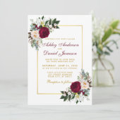 Burgund Blumengrün Gold Gerahmte Hochzeit Einladung (Stehend Vorderseite)