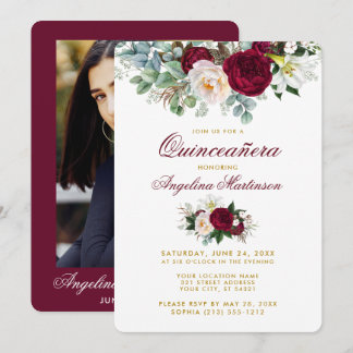 Burgund Blumengrün Gold Quinceanera Foto Einladung