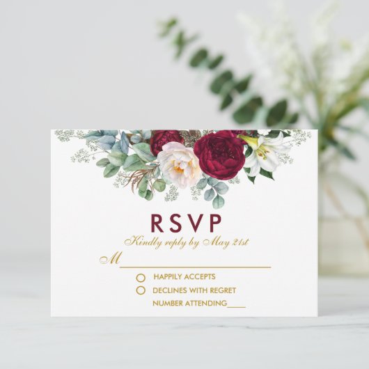 Burgund Blumengrün Gold Wedding RSVP (Stehend Vorderseite)