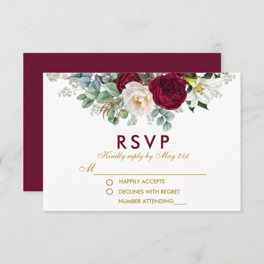 Burgund Blumengrün Gold Wedding RSVP (Vorne/Hinten)