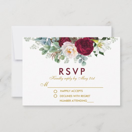 Burgund Blumengrün Gold Wedding RSVP Karte (Vorderseite)