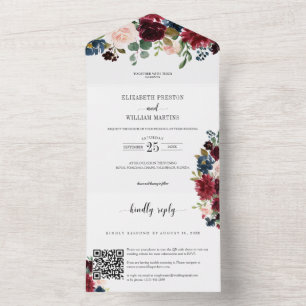 Burgund Blumengrün Hochzeit mit QR Code UAWG All In One Einladung