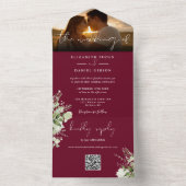 Burgund Blumengrün QR Code Wedding Foto All In One Einladung (Innen Boden)
