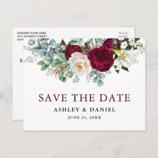 Burgund Blumengrün Save the Date Postkarte (Vorne/Hinten)