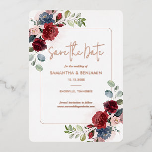 Burgund Blumengrün Save the Date Rose Gold Folieneinladung