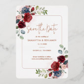 Burgund Blumengrün Save the Date Rose Gold Folieneinladung (Vorderseite)