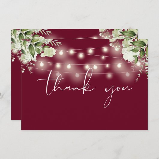 Burgund Blumengrün String Lights Dankeskarte (Vorne/Hinten)