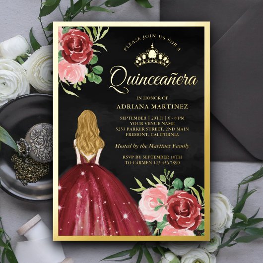 Burgund Blumenkleid Black Quinceanera Gold Folieneinladung