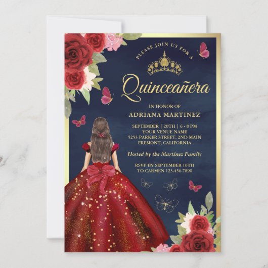 Burgund Blumenkleid Butterfly Navy Quinceanera Einladung (Vorderseite)