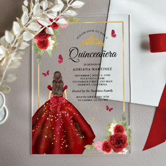 Burgund Blumenkleid Butterfly Quinceanera Acryleinladungen