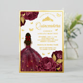 Burgund Blumenkleid Butterfly Quinceanera Gold Folieneinladung (Stehend vorne)