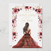 Burgund Blumenkleid Gown Floral Quinceañera Einladung (Vorderseite)