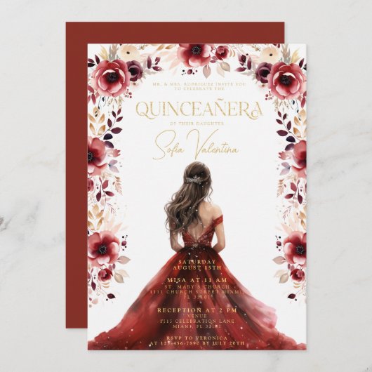 Burgund Blumenkleid Gown Floral Quinceañera Einladung (Vorne/Hinten)