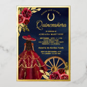 Burgund Blumenkleid Marine Charro Quinceanera Gold Folieneinladung (Vorderseite)
