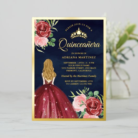 Burgund Blumenkleid Navy Blue Quinceanera Gold Folieneinladung (Stehend vorne)