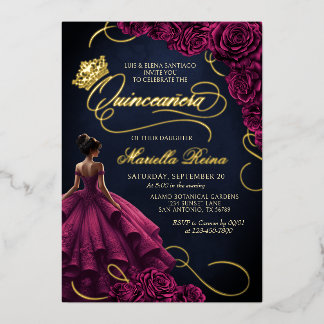 Burgund Blumenkleid Quinceañera Folieneinladung