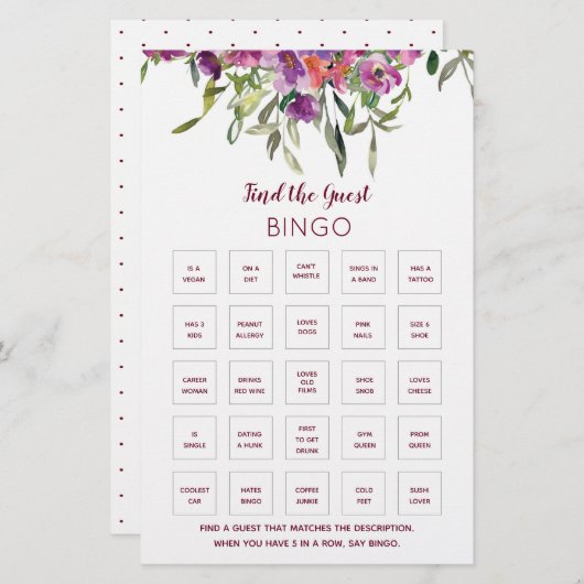 Burgund Blumenspiel Brautparty Bingo Game (Vorne/Hinten)