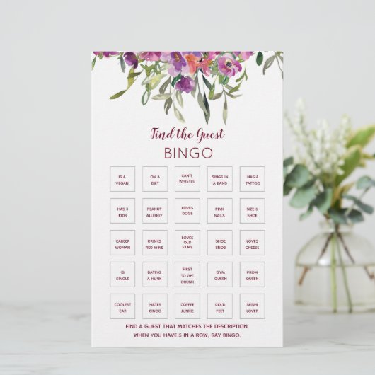 Burgund Blumenspiel Brautparty Bingo Game (Stehend Vorderseite)