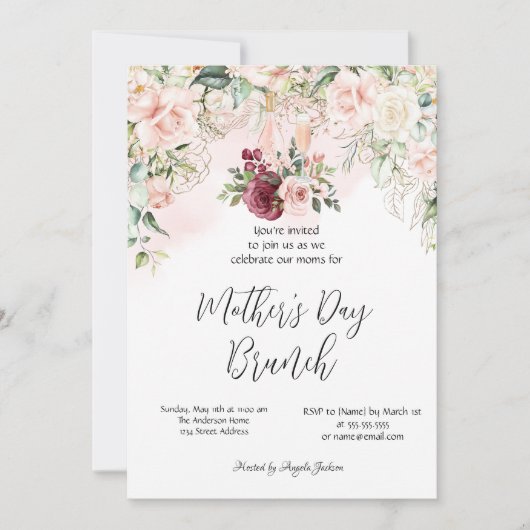 Burgund Blumenwein Muttertag Brunch Einladung (Vorderseite)