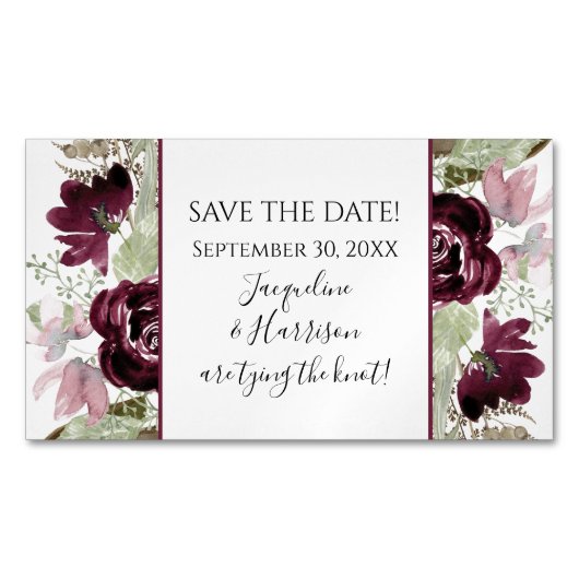 Burgund Blush Bloral Blätter Elegant Save the Date Magnetische Visitenkarte (Vorderseite)