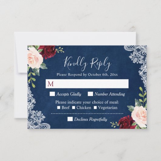 Burgund Blush Bloral Lace Navy Blue Wedding RSVP (Vorderseite)