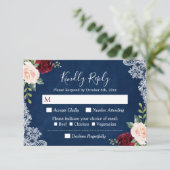 Burgund Blush Bloral Lace Navy Blue Wedding RSVP (Stehend Vorderseite)