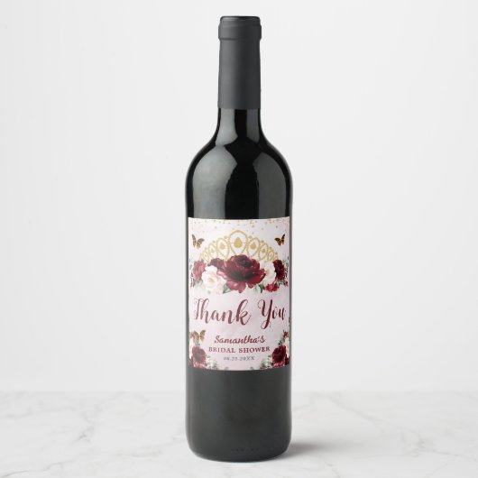 Burgund Blush Bloral Princess Crown Brautparty Weinetikett (Vorderseite)