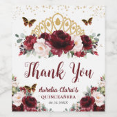 Burgund Blush Bloral Princess Crown Quinceañera Weinetikett (Einzelnes Label)