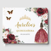 Burgund Blush Bloral Prinzessin Gold Quinceañera Gästebuch (Vorderseite)