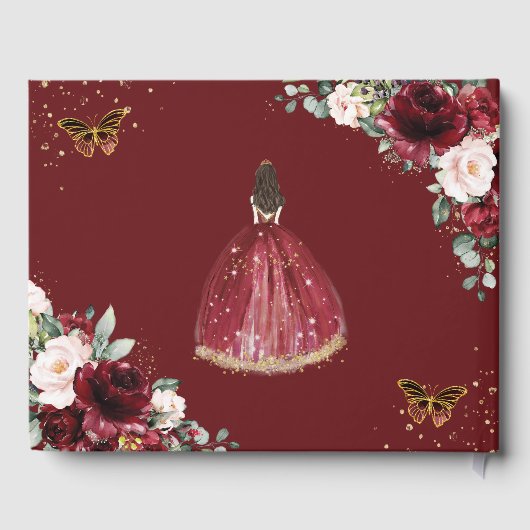 Burgund Blush Bloral Prinzessin Gold Quinceañera Gästebuch (Rückseite)