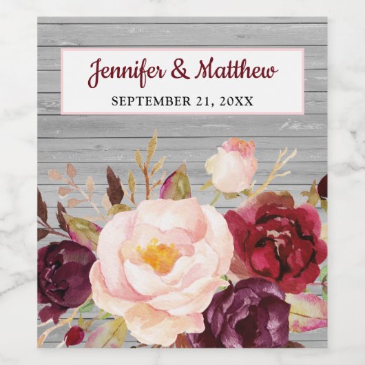 Burgund Blush Bloral Rustikale Hochzeit Weinetikett (Einzelnes Label)