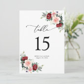Burgund Blush Bloral Wedding Tischnummer Cards (Stehend Vorderseite)