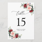 Burgund Blush Bloral Wedding Tischnummer Cards (Vorderseite)
