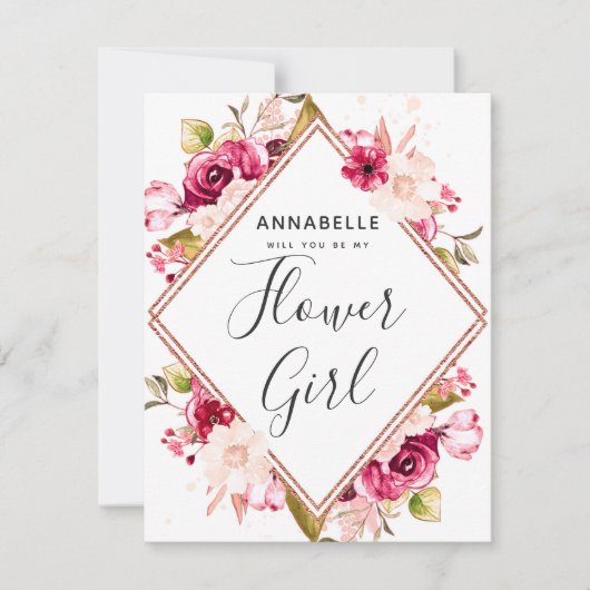 Burgund & Blush Bloral werden Sie mein Blumenmädch Einladung (Vorderseite)