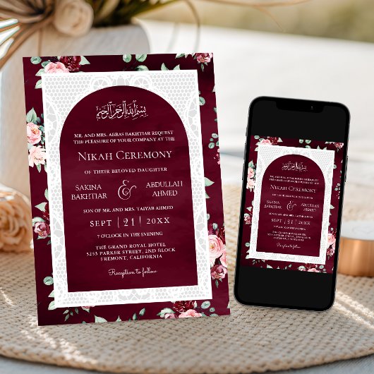Burgund Blush Bloral White Lace muslimische Hochze Einladung