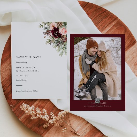 Burgund Blush Bloral Winter Hochzeit Save the Date Einladung