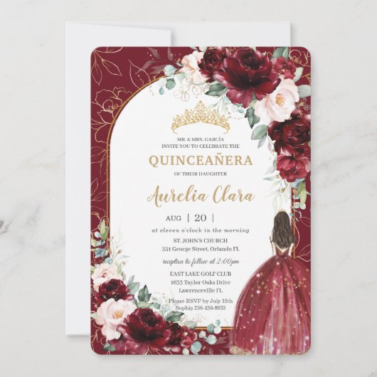 Burgund Blush Blume Arch Quinceanera Einladung (Vorderseite)