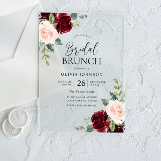 Burgund & Blush Blume Brautparty Brunch Acryleinladungen