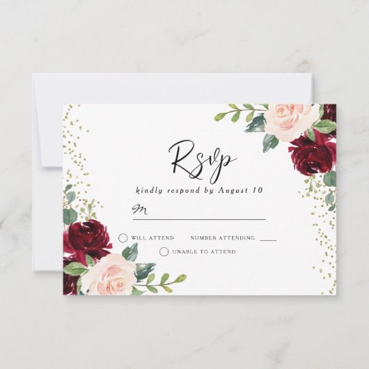 Burgund & Blush Blume Glitzer Hochzeit RSVP Karte (Rückseite)