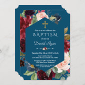 Burgund Blush Blume Gold Cross Blue Taufe Einladung (Vorne/Hinten)