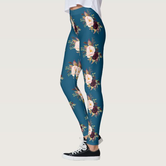 Burgund Blush Blume Ozeanblau Muster Leggings (Links)