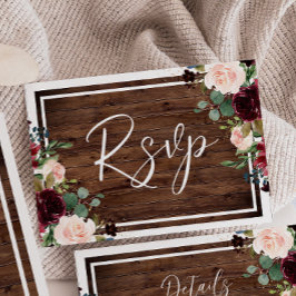 Burgund & Blush Blume Rustikale Holzhochzeit RSVP Karte