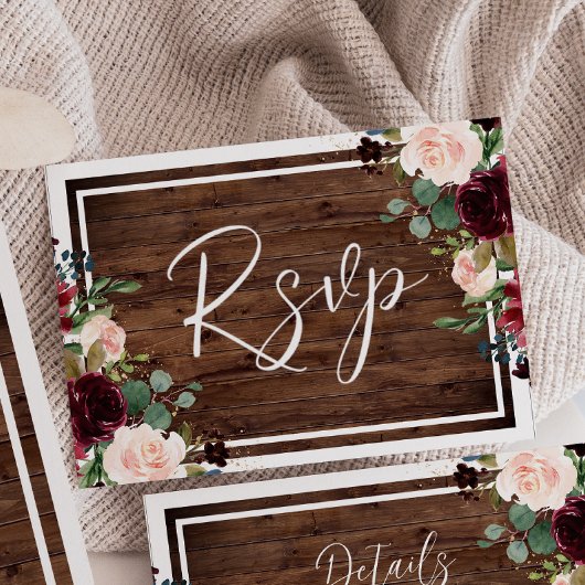 Burgund & Blush Blume Rustikale Holzhochzeit RSVP Karte