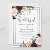 Burgund Blush Blume & Silver Spring Wedding Einladung (Vorderseite)
